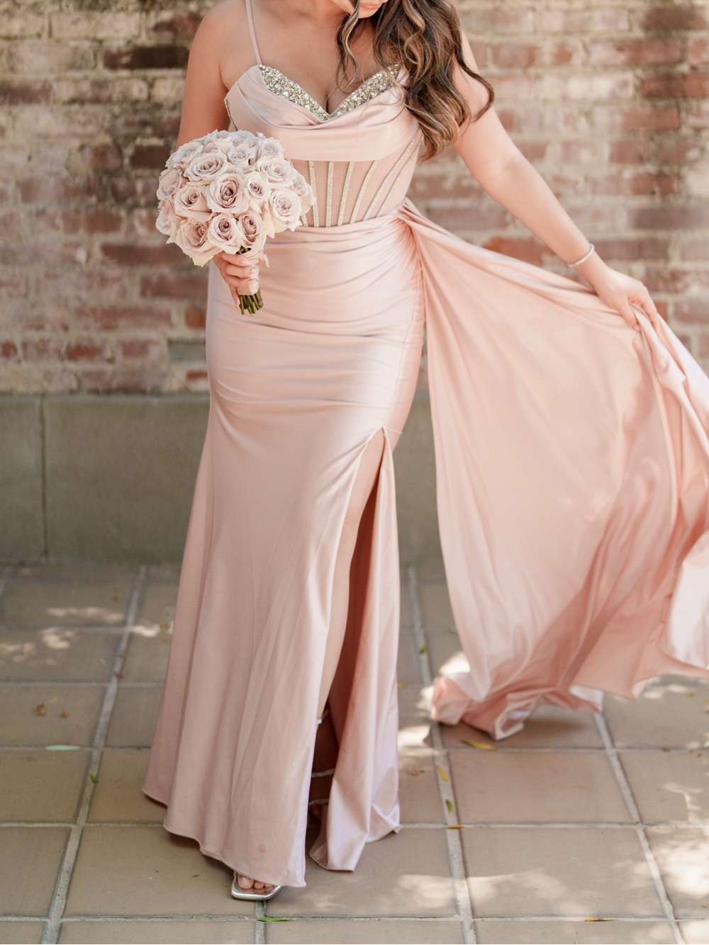 Blush Pink Evening Gown with Beaded Bodice